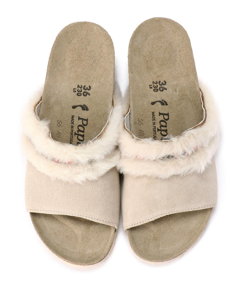 【OUTLET】【パピリオ】アンバー/コージーオフホワイト スエードレザー ファー/サンダル レディース詳細画像1