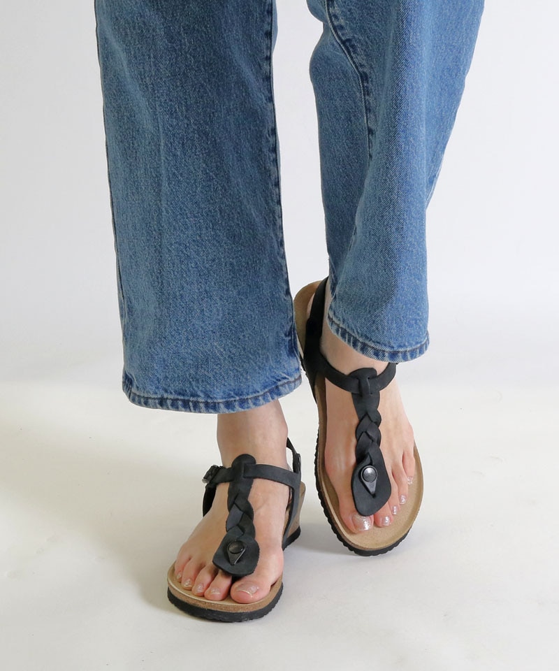 【OUTLET】【パピリオ】アシュレイ ブレイディド/ブラック オイルドレザー/サンダル